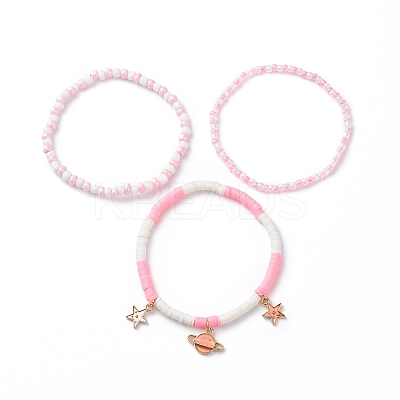 3Pcs 3 Styel Glass Seed & Polymer Clay Beaded Stretch Bracelets Set BJEW-JB08854-02-1