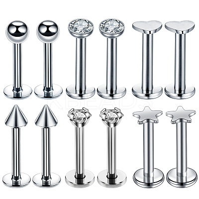 6 Styles Stainless Steel Clear Cubic Zirconia Internally Threaded Labrets WG43458-01-1