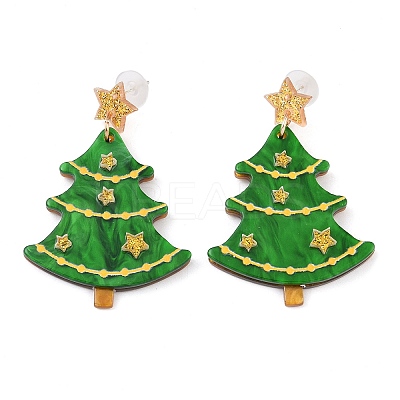 Glitter Star Christmas Tree Acrylic Dangle Stud Earrings EJEW-L203-12B-1