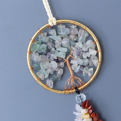 Flat Round with Tree of Life Natural Fluorite Chips Pendant Decorations TREE-PW0003-18-1