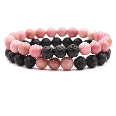 2Pcs 2 Styles Natural Rhodonite & Lava Rock Round Beaded Stretch Bracelets for Couple FS-WGA2A2E-13-1