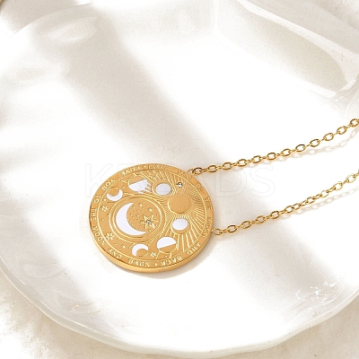 304 Stainless Steel Clear Cubic Zirconia Moon Phase Flat Round Pendant Necklaces LS-NJEW-R018-03G-1