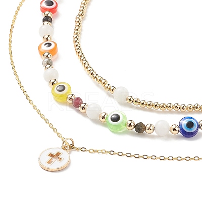 3Pcs 3 Style Natural White Moonstone & Resin Evil Eye Beaded Necklaces Set NJEW-JN04026-1