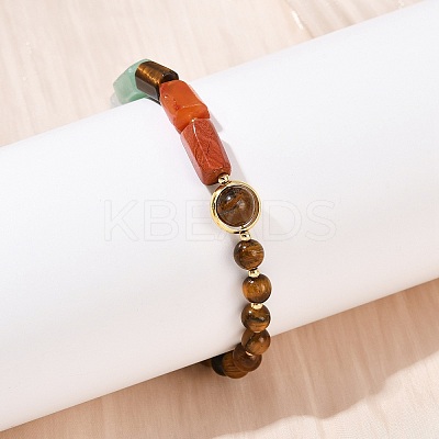 Natural Tiger Eye & Natural Mixed Stone & Brass Round & Prism Beaded Bracelets for Women BJEW-G752-01G-03-1