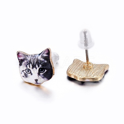 Real 14K Gold Plated Alloy Kitten Stud Earrings EJEW-G148-01G-07-1