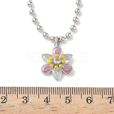 Brass Pave Pink and Clear Cubic Zirconia with Enamel Flower Pendant Ball Chain Necklaces NJEW-G183-04P-1