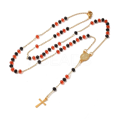 201 Stainless Steel & Glass Rosary Bead Necklaces for Women NJEW-B112-01G-03-1