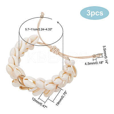 3Pcs Natural Cowrie Shell Charm Bracelets Set BJEW-PH0004-36-1