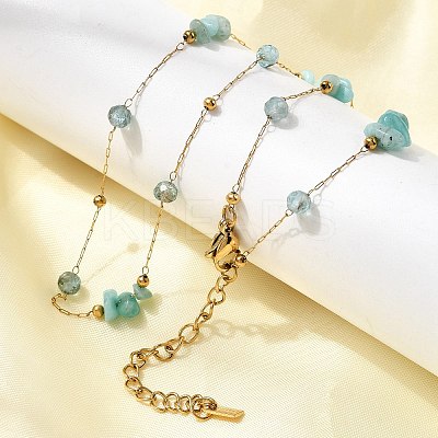 Natural Amazonite Chip 304 Stainless Steel Link Chain Necklaces for Women NJEW-K255-60G-1