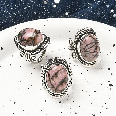 Natural Rhodonite Adjustable Rings RJEW-I108-01AS-04-1
