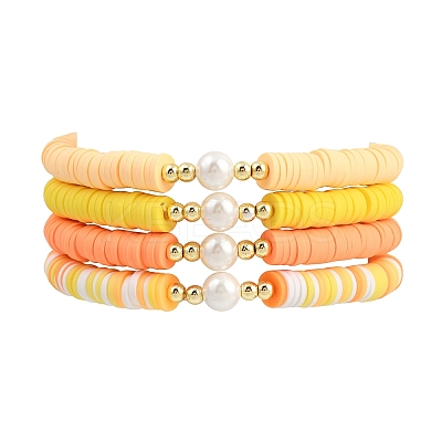 4Pcs 4 Colors Handmade Polymer Clay Heishi & Shell Pearl Beaded Stretch Bracelets for Women BJEW-JB12273-1