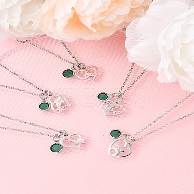 Valentine's Day 304 Stainless Steel & Green Glass Couple Heart Pendant Cable Chain Necklaces for Women NJEW-FS00014-01-1