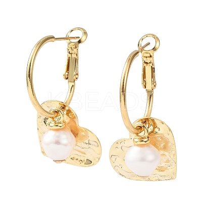 Heart Brass & Natural Pearl Hoop Earrings EJEW-Z159-03G-1