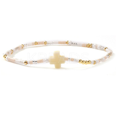 Bohemian Cross Charm Glass Seed Bead & Brass Beads Stretch Bracelet for Women SA4132-10-1
