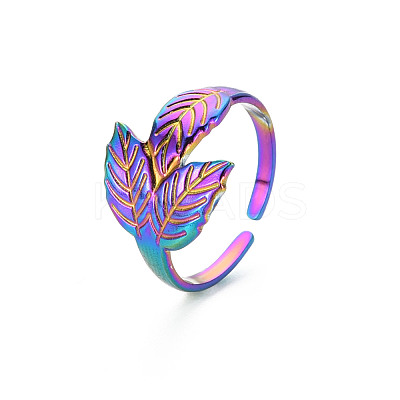 Rainbow Color 304 Stainless Steel Leaf Cuff Ring RJEW-N038-041M-1