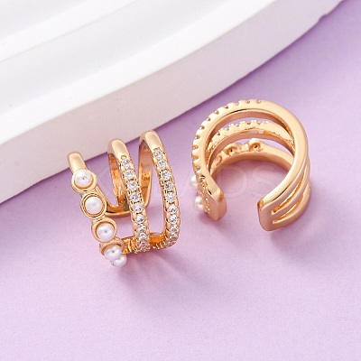 Triple C-Shaped Brass Micro Pave Clear Cubic Zirconia Cuff Earrings EJEW-Z127-09G-1