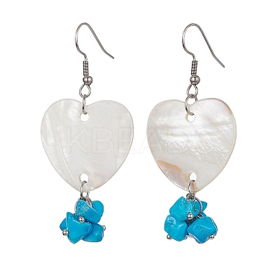 Natural Shell Heart with Synthetic Turquoise Chips Dangle Earrings EJEW-JE05482-1