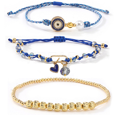 3Pcs 3 Styles Brass & Glass Beads Charm Bracelet Set EY6397-2-1