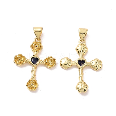 Cross with Flower Brass Micro Pave Cubic Zirconia Pendants KK-G435-06G-03-1