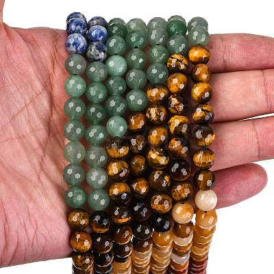 Chakra Theme Natural Red Rainbow Jasper & Yellow Aventurine & Tiger Eye & Green Aventurine & Blue Spot Stone & Lapis Lazuli & Amethyst Beads Strands G-F668-14-8mm-1