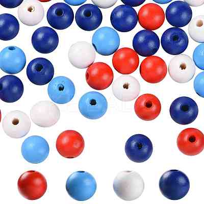 160 Pcs 4 Colors 4 July American Independence Day Painted Natural Wood Round Beads WOOD-LS0001-01D-1