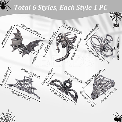 6Pcs 6 Styles Halloween Zinc Alloy Claw Hair Clips for Woman Girls Thick Hair PHAR-GA0001-03-1