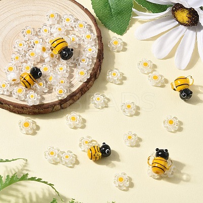 5Pcs Handmade 3D Bees Lampwork Beads & 50Pcs Flower Millefiori Glass Beads Sets LAMP-YW0001-63-1