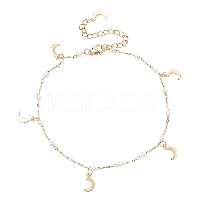 Round ABS Imitation Pearl Beads & 304 Stainless Steel Link Chain Tassel Anklets for Women AJEW-AN00738-01-1