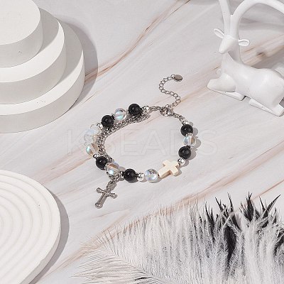 Natural & Synthetic Mixed Stone Beaded Bracelet with Cross Charm BJEW-TA00184-02-1
