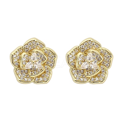 Flower Brass Micro Pave Clear Cubic Zirconia Stud Earrings X-EJEW-M082-19G-1