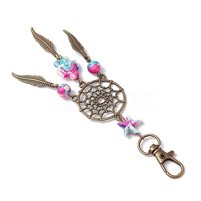 Synthetic Turquoise Starfish Turtle & Alloy Woven Net/Web with Feather Pendant Decorations HJEW-JM03126-1