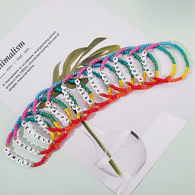 12Pcs Inspiration Word Glass Seed Stretch Bracelets Set with Heart BJEW-SZ0001-20-1