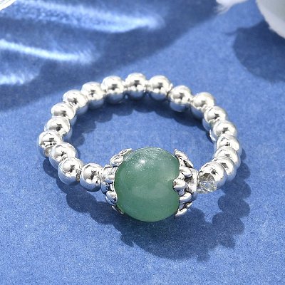 Platinum Tone Iron Bead Natural Mixed Stone Stretch Finger Rings RJEW-JR00142-1