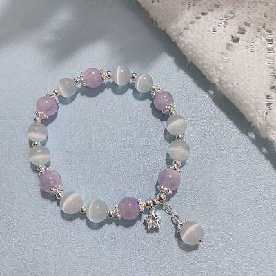 Star Alloy Cat Eye & Natural Amethyst Round Beaded Charm Bracelets WG18D49-02-1