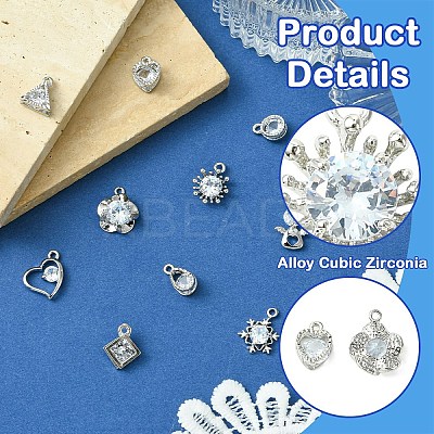 10Pcs 10 Styles Alloy Micro Pave Clear Cubic Zirconia Charms ZIRC-YW0001-13-1