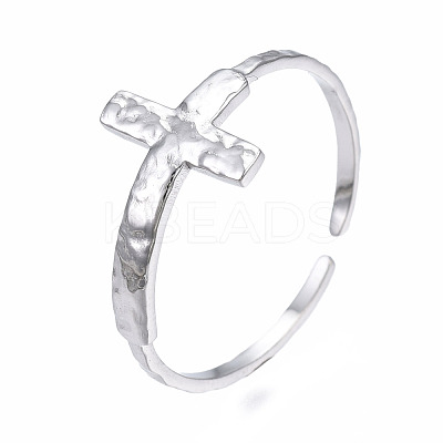 Non-Tarnish 304 Stainless Steel Cross Open Cuff Ring RJEW-T023-17P-1