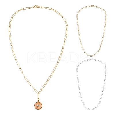 2Pcs 2 Colors Brass Round Oval Paperclip Chain Necklaces MAK-TA0001-33-1