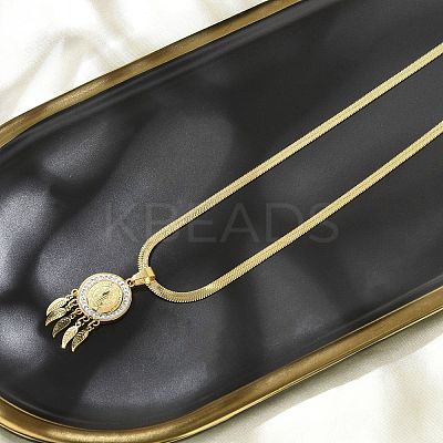 201 Stainless Steel Clear Cubic Zirconia Flat Round Saint Benedict Medal with Feather Pendant Necklaces NJEW-H055-03G-1