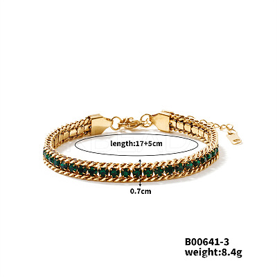 Sparkling European Style 304 Stainless Steel Emerald Rhinestone Chain Bracelets for Women LS-CU3590-3-1