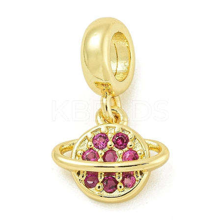 Rack Plating Brass Pave Hot Pink Cubic Zirconia Planet European Dangle Charms KK-Z067-37G-1