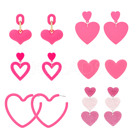 6 Pairs 6 Style Plastic & Acrylic Heart Dangle Stud Earrings EJEW-AN0003-58-1