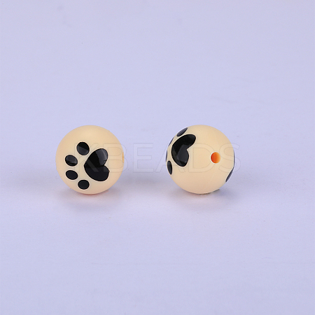 Printed Round with Paw Print Pattern Silicone Focal Beads LS-SI-JX0056A-132-1