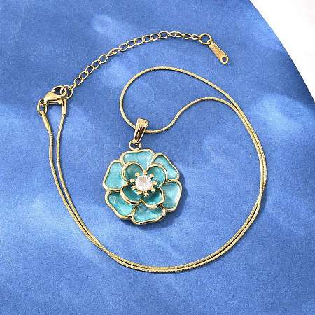 304 Stainless Steel Pave Clear Cubic Zirconia with Enamel Flower Pendant Necklaces NJEW-H088-02G-1
