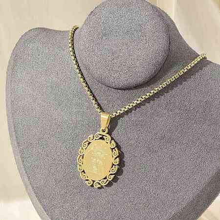 201 Stainless Steel Oval with Virgin Pendant Box Chain Necklaces NJEW-H055-08G-1