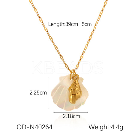 Ocean Theme Natural Shell & 304 Stainless Steel Pendant Dapped Chain Necklaces for Women FS-WG58500-11-1