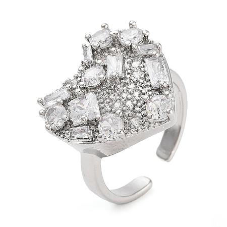 Rack Plating Brass Micro Pave Cubic Zirconia Heart Open Cuff Rings for Women RJEW-C080-05P-1