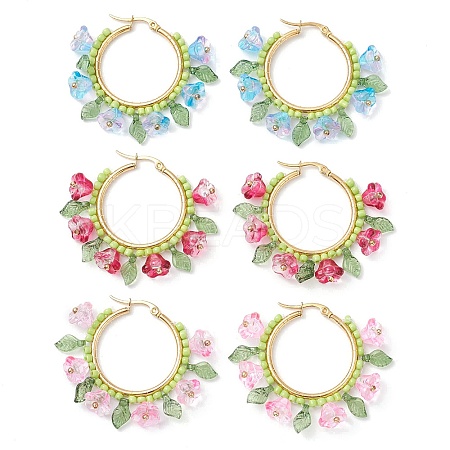 Glass Flower Hoop Earrings EJEW-TA00589-1