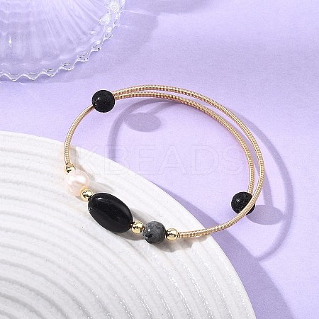 Round & Oval Natural Black Tourmaline & Larvikite & Lava Rock & Cultured Freshwater Pearl & Non-magnetic Synthetic Hematite Beaded Bangles BJEW-JB14079-1