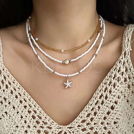 Summer Beach Alloy Starfish Pendant Glass Seed Beaded 3 Layer Necklaces for Women FS-WGF3BD7-01-1