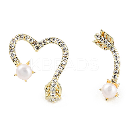 Clear Cubic Zirconia Arrow & Heart Asymmetrical Earrings with Natural Pearl Beaded EJEW-T019-06G-1